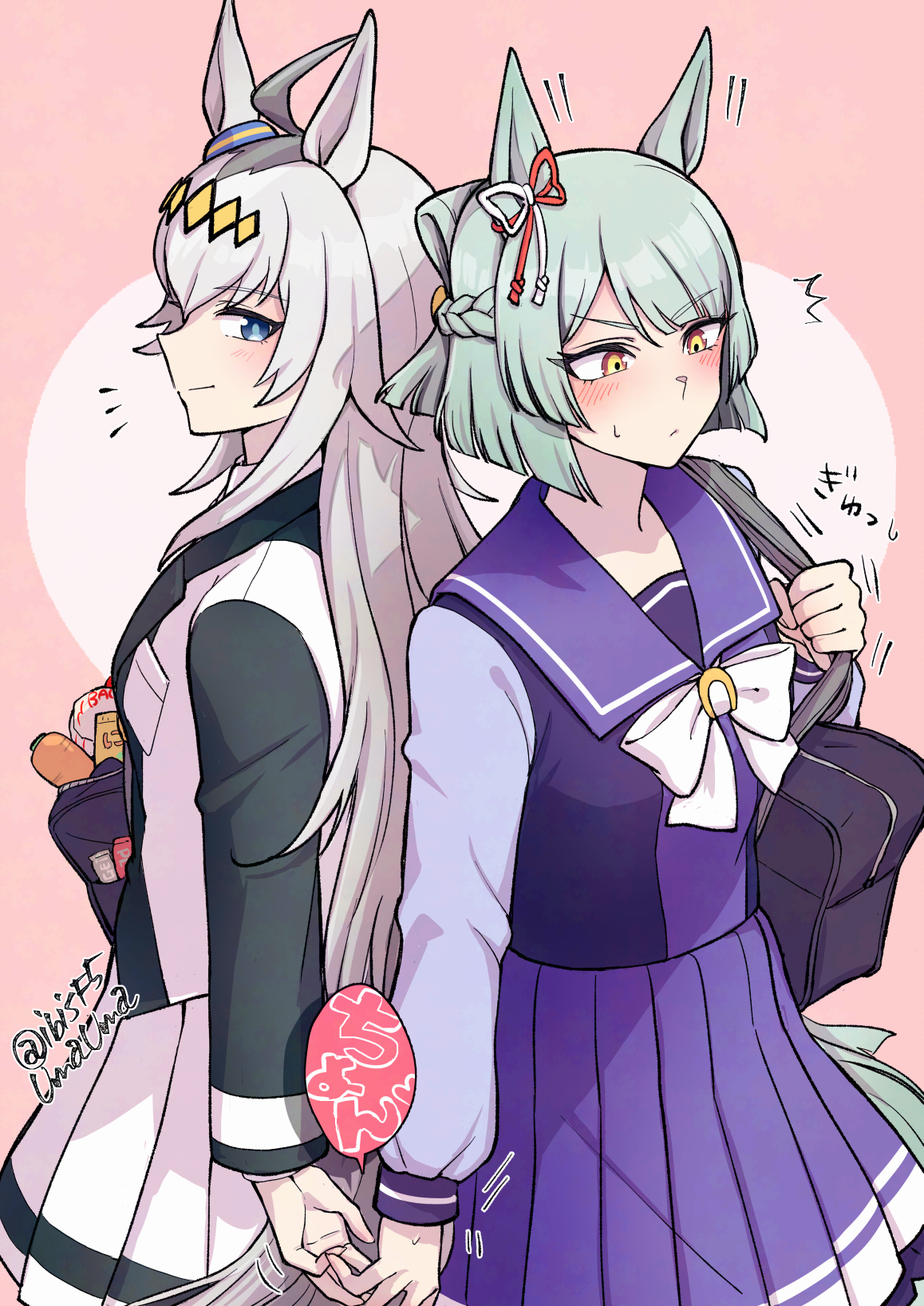 hi (ibisf5umauma), fujimasa march (umamusume), oguri cap (umamusume), umamusume, umamusume: cinderella gray, highres, 2girls, ahoge, animal ears, aqua tail, bag, blue eyes, blush, bow, bowtie, braid, carrot, closed mouth, ear ornament, ear ribbon, folded hair, folded ponytail, food, grey hair, grey tail, hair between eyes, hair ornament, hairband, horse ears, horse girl, horse tail, jacket, kasamatsu tracen school uniform, long hair, long sleeves, multicolored hair, multicolored jacket, multiple girls, pleated skirt, purple sailor collar, purple serafuku, purple shirt, purple skirt, sailor collar, sailor shirt, school bag, school uniform, serafuku, shirt, short hair, shoulder bag, skirt, smile, sweat, tail, tracen school uniform, two-tone jacket, white bow, white bowtie, white skirt, yellow eyes