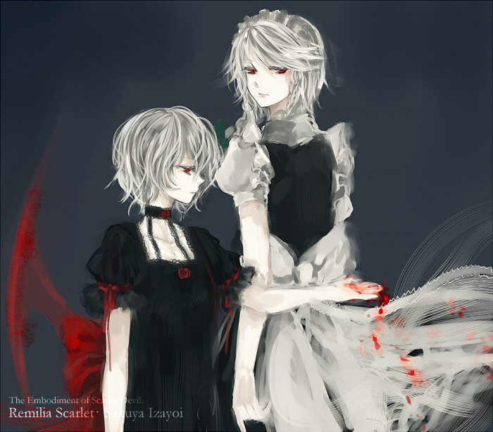 minase (mmakina), izayoi sakuya, remilia scarlet, touhou, silver hair, 2girls, apron, black dress, braid, dress, expressionless, female focus, frills, looking at viewer, maid headdress, multiple girls, puffy short sleeves, puffy sleeves, red eyes, short hair, short sleeves, twin braids, waist apron