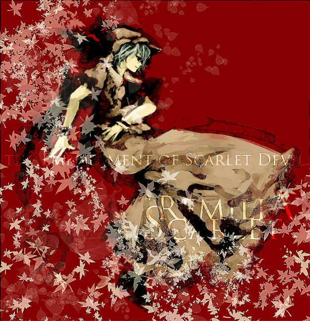 minase (mmakina), remilia scarlet, touhou, silver hair, 1girl, bat wings, blue hair, character name, dress, female focus, from side, full body, hat, leaf, mob cap, puffy short sleeves, puffy sleeves, red background, red eyes, ribbon, short hair, short sleeves, simple background, solo, wings, wrist cuffs