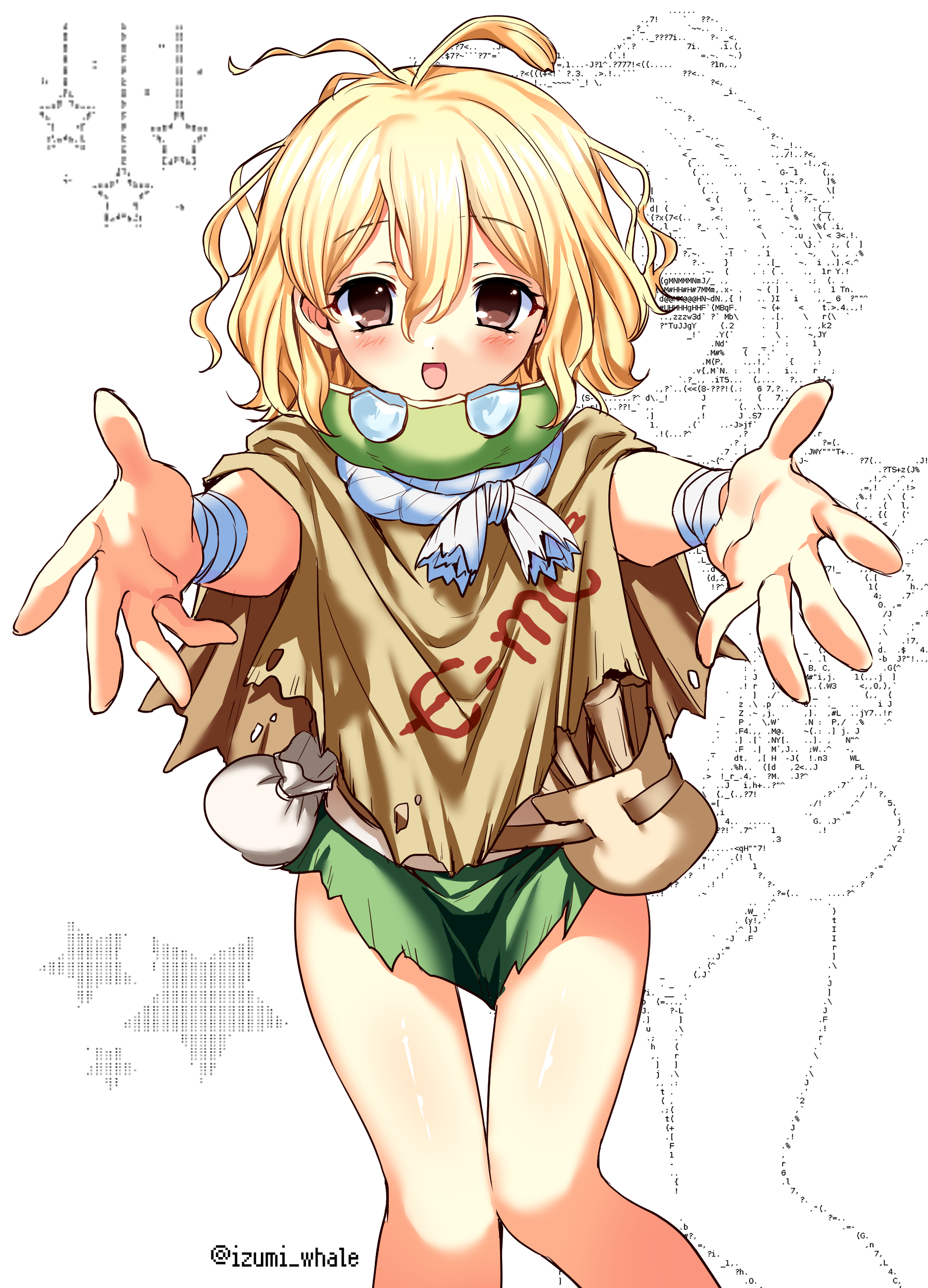 izumi whale, suika (dr.stone), dr. stone, absurdres, highres, 1girl, blonde hair, blush, brown eyes, food, fruit, hand up, looking at viewer, miniskirt, open mouth, reaching, reaching towards viewer, short hair, simple background, skirt, watermelon, white background