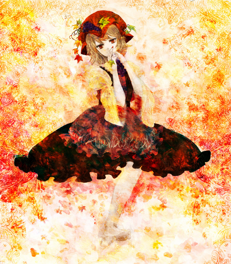 minase (mmakina), aki minoriko, touhou, 1girl, autumn, autumn leaves, blonde hair, dress, falling leaves, female focus, food, fruit, full body, grapes, hat, layered dress, leaf, long sleeves, nail polish, own hands together, red eyes, see-through clothes, short hair, skirt, solo