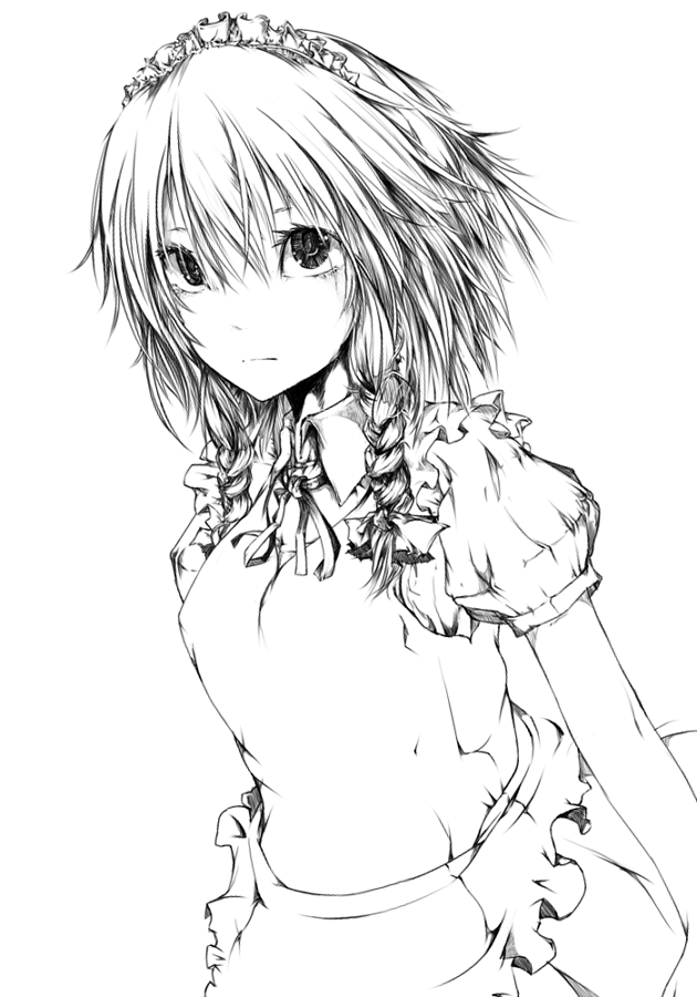 kereno, izayoi sakuya, mile, touhou, 1girl, blush, braid, dress, female focus, greyscale, maid headdress, monochrome, puffy short sleeves, puffy sleeves, short hair, short sleeves, simple background, solo, twin braids, upper body, white hair