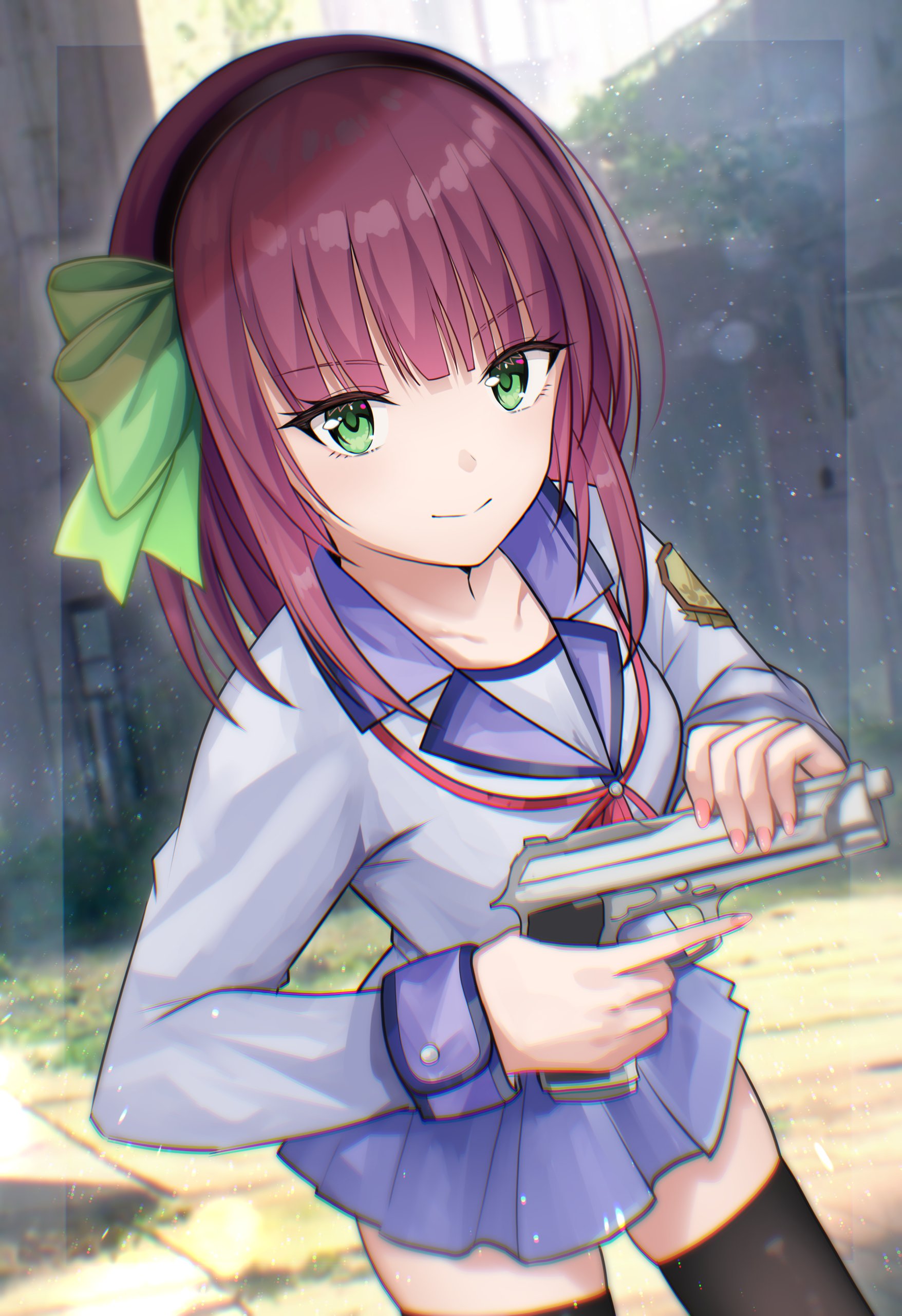 rrtp, nakamura yuri, angel beats!, absurdres, commentary, highres, >:), 1girl, black hairband, black thighhighs, blue skirt, blunt bangs, bow, closed mouth, day, eyelashes, eyes visible through hair, fighting stance, fingernails, green bow, green eyes, gun, hair bow, hairband, handgun, holding, holding gun, holding weapon, index finger raised, long sleeves, looking at viewer, medium hair, miniskirt, neckerchief, outdoors, pink neckerchief, pleated skirt, purple hair, shinda sekai sensen uniform, shirt, skirt, smile, solo, split mouth, straight hair, thighhighs, tsurime, v-shaped eyebrows, weapon, white shirt, zettai ryouiki