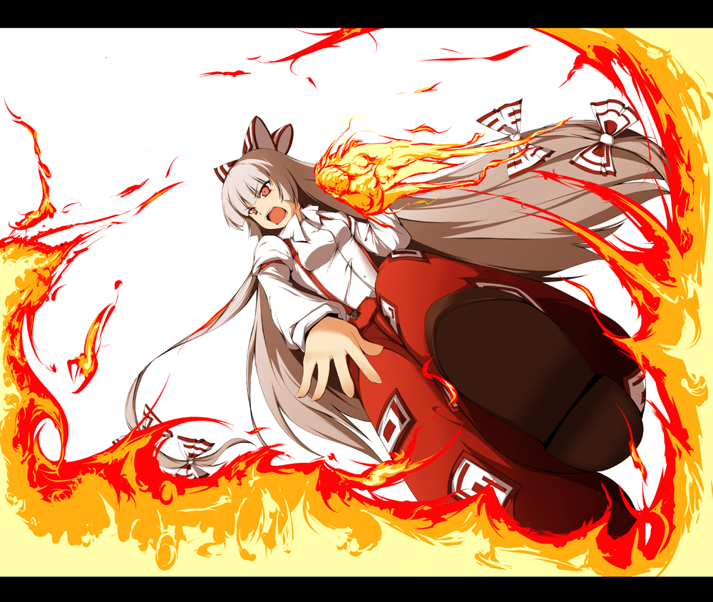 fujy, fujiwara no mokou, touhou, 1girl, dutch angle, female focus, fire, from below, letterboxed, long hair, long sleeves, ofuda, pants, red eyes, shirt, simple background, solo, suspenders, very long hair, white background, white shirt