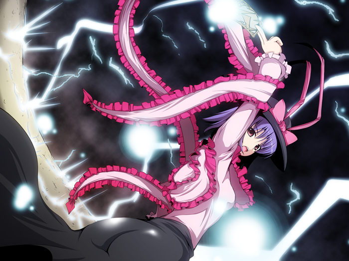 fujy, nagae iku, saturday night fever, touhou, 1girl, ass, between fingers, brown eyes, capelet, female focus, hat, holding, lightning, purple hair, ribbon, shawl, solo, spell card