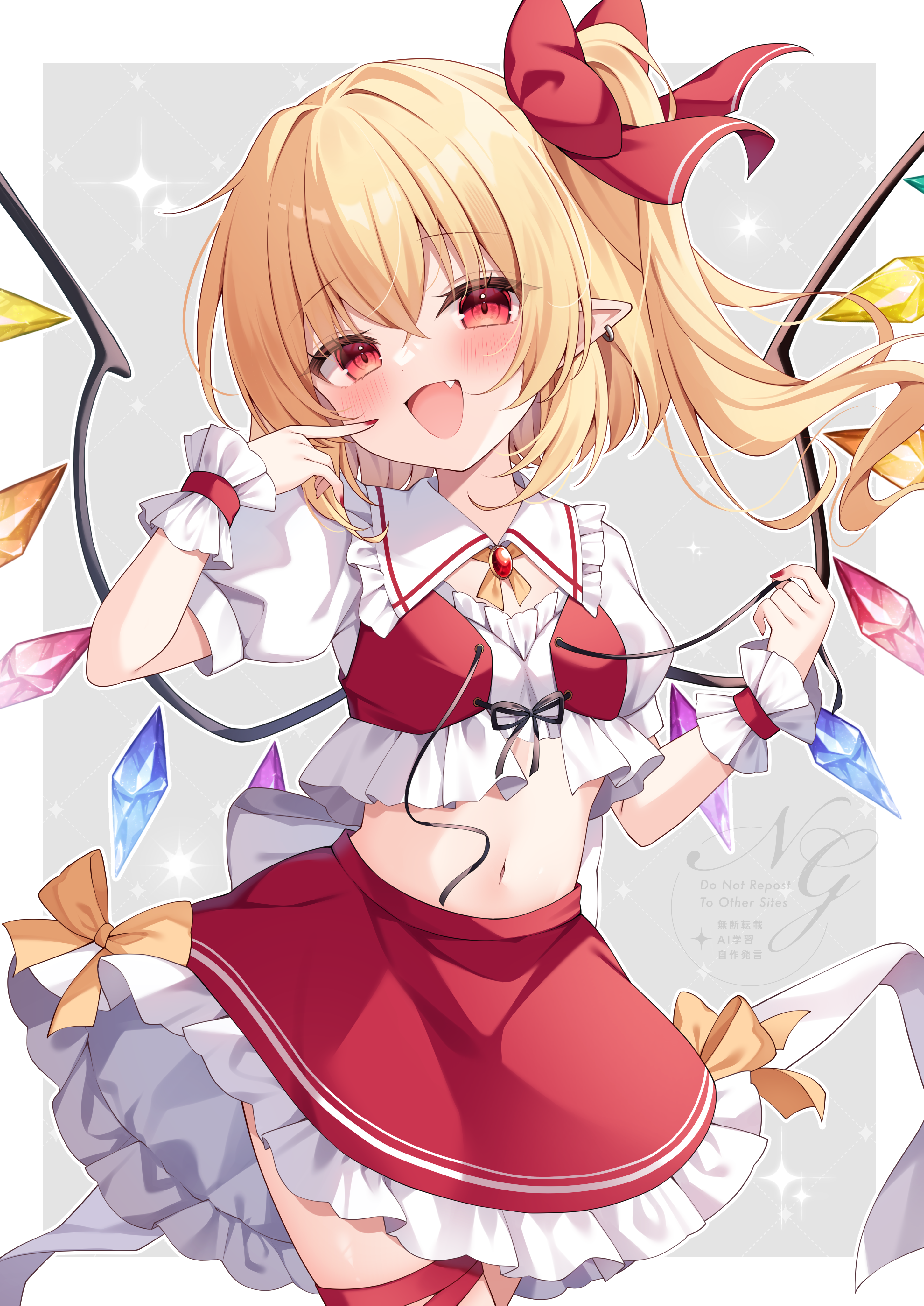 miy@, flandre scarlet, touhou, absurdres, commentary request, highres, 1girl, :d, adapted costume, blonde hair, bow, bow skirt, collared shirt, cowboy shot, cropped shirt, crystal, earrings, fang, flat chest, frilled shirt collar, frilled skirt, frills, grey background, hair bow, hair ribbon, hand up, jewelry, leg ribbon, long hair, looking at viewer, midriff, navel, no headwear, one side up, open mouth, pointy ears, puffy short sleeves, puffy sleeves, red bow, red eyes, red nails, red ribbon, red skirt, red vest, ribbon, shirt, short sleeves, side ponytail, skirt, smile, solo, vest, watermark, white shirt, wings, wrist cuffs, yellow bow