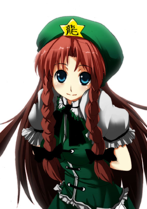 fujy, hong meiling, embodiment of scarlet devil, touhou, 1girl, blue eyes, braid, female focus, long hair, red hair, solo, very long hair