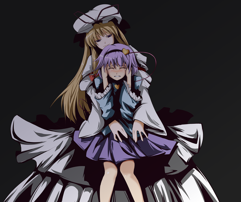 fujy, komeiji satori, yakumo yukari, touhou, 2girls, blonde hair, bow, dress, female focus, hairband, hat, heart, long hair, mind rape, multiple girls, purple hair, skirt, tears, you gonna get raped