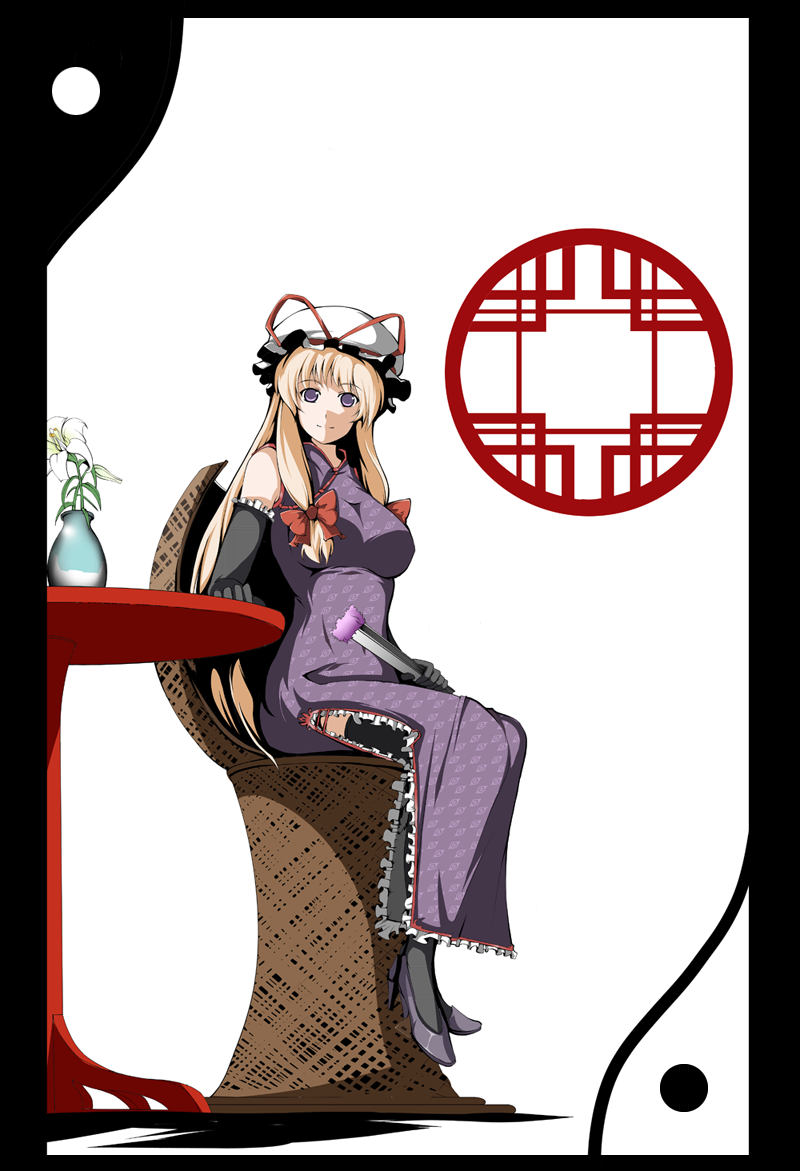 fujy, yakumo yukari, touhou, 1girl, breasts, china dress, chinese clothes, dress, elbow gloves, female focus, gloves, hat, plant, solo, white background