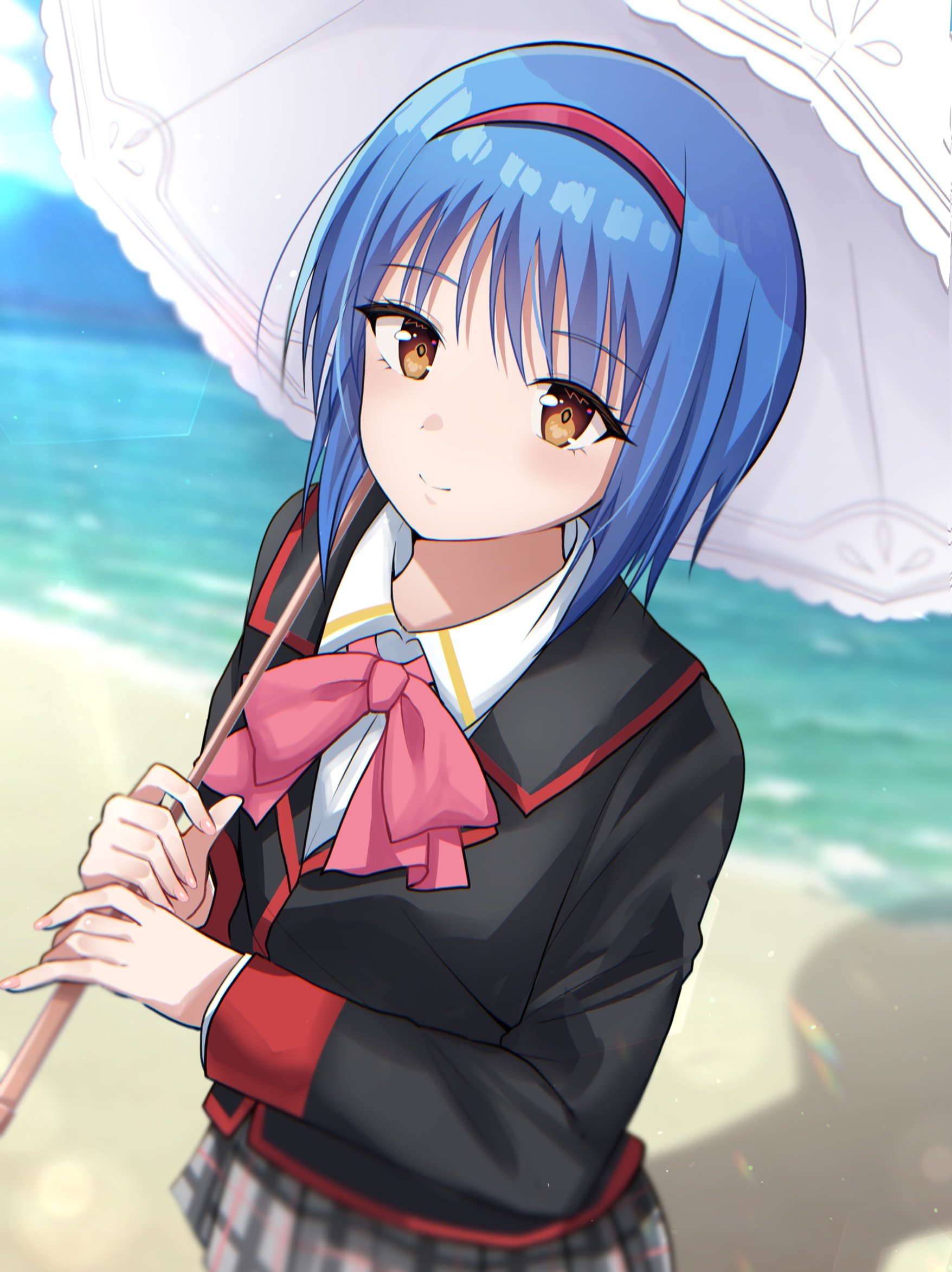 rrtp, nishizono mio, little busters!, commentary, highres, 1girl, black jacket, blue hair, bow, bowtie, brown eyes, closed mouth, collared shirt, cowboy shot, day, eyelashes, eyes visible through hair, grey skirt, hair between eyes, hairband, holding, holding umbrella, jacket, little busters! school uniform, long sleeves, looking at viewer, medium hair, miniskirt, ocean, outdoors, parasol, pink bow, pink bowtie, plaid clothes, plaid skirt, pleated skirt, red hairband, school uniform, shadow, shirt, skirt, smile, solo, split mouth, straight hair, umbrella, white shirt, white umbrella