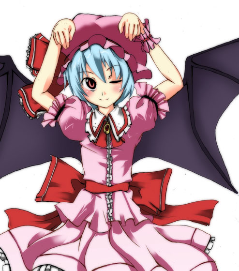 fujy, remilia scarlet, touhou, 1girl, ;), arms up, belt, blush, closed mouth, cowboy shot, dress, female focus, looking at viewer, one eye closed, pink dress, puffy short sleeves, puffy sleeves, short sleeves, simple background, smile, solo, white background, wink