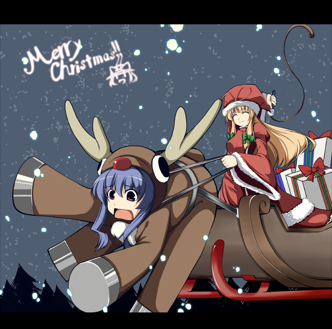 fujy, hinanawi tenshi, yakumo yukari, touhou, 2girls, blonde hair, blue hair, christmas, female focus, multiple girls, red eyes, reindeer, santa costume