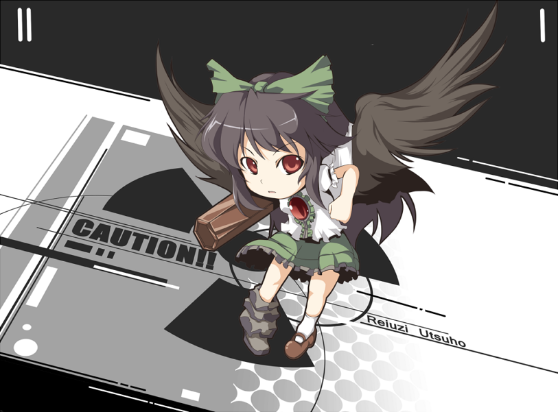 fujy, reiuji utsuho, touhou, 1girl, arm cannon, black hair, black wings, brooch, chibi, female focus, from above, gem, green skirt, jewelry, looking at viewer, looking up, red eyes, skirt, solo, standing, weapon, wings