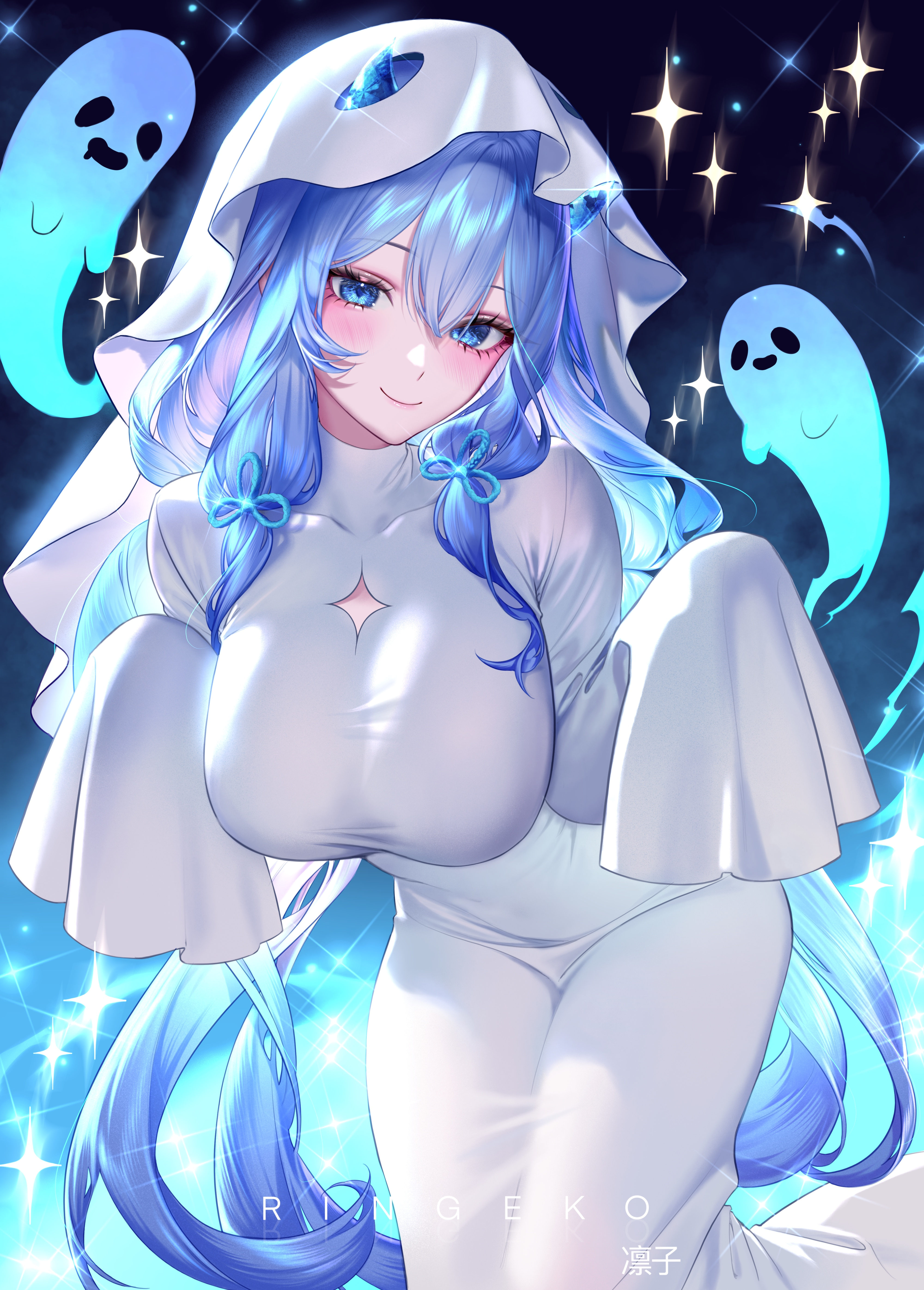 ringeko-chan, original, absurdres, commentary, highres, 1girl, artist name, blue background, blue eyes, blue hair, blush, breasts, chinese knot, closed mouth, clothing cutout, covered collarbone, ghost, ghost costume, gradient background, hair between eyes, hair ornament, hands up, large breasts, leaning forward, long hair, looking at viewer, sheet ghost, smile, solo, sparkle, very long hair