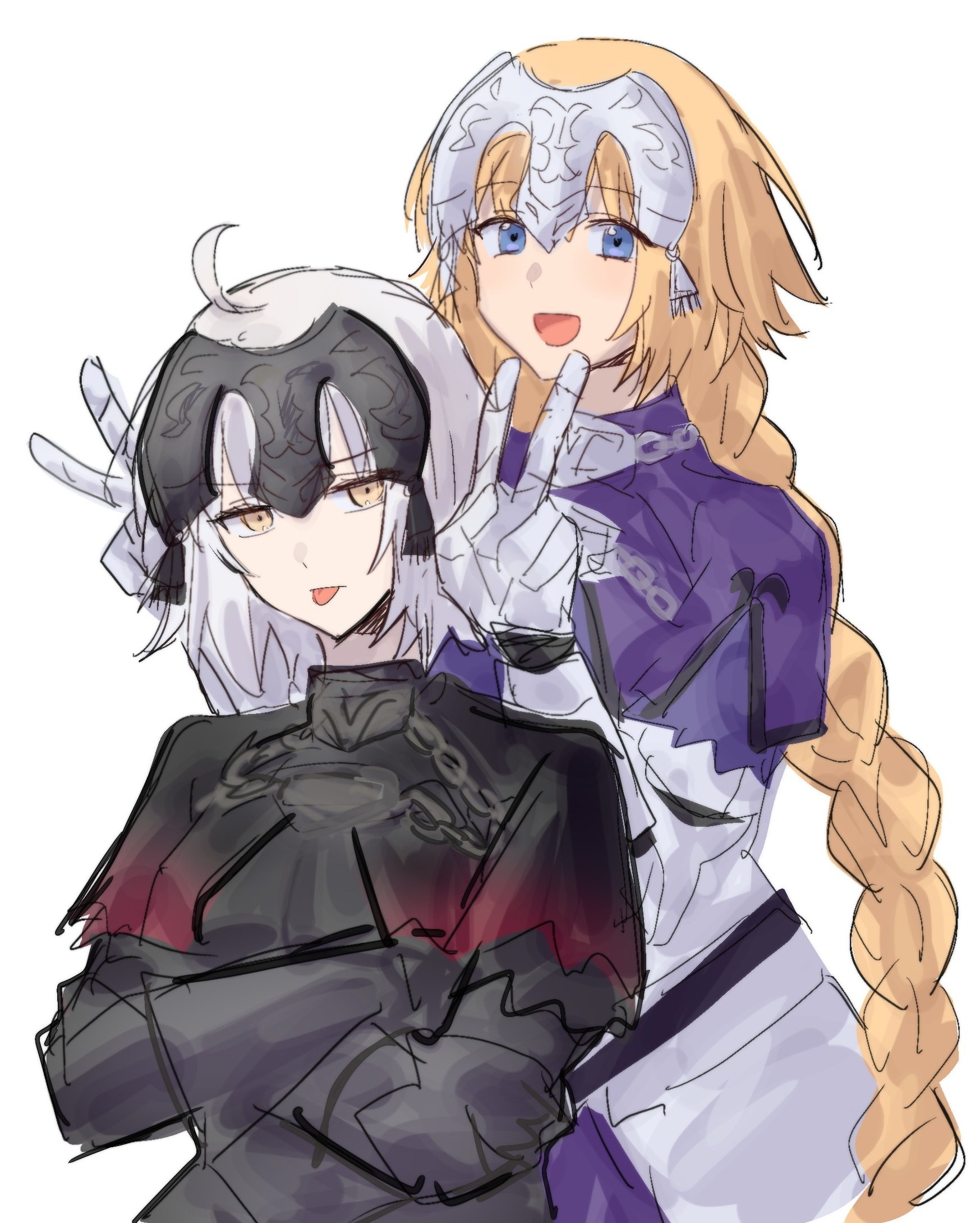 nekwnek, jeanne d'arc (fate), jeanne d'arc (ruler) (fate), jeanne d'arc alter (avenger) (fate), jeanne d'arc alter (fate), fate/grand order, fate (series), highres, 2girls, ahoge, armor, black armor, black capelet, blonde hair, blue eyes, capelet, chain, crossed arms, double v, gauntlets, grey hair, headpiece, long hair, looking at viewer, multiple girls, open mouth, purple capelet, short hair, simple background, smile, tongue, tongue out, v, very long hair, white background, yellow eyes