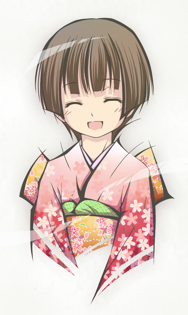 haiiro (hi ghi ro), original, 1girl, blunt bangs, brown hair, closed eyes, female focus, floral print, flower, japanese clothes, kimono, long sleeves, obi, open mouth, sash, short hair, smile, solo, upper body