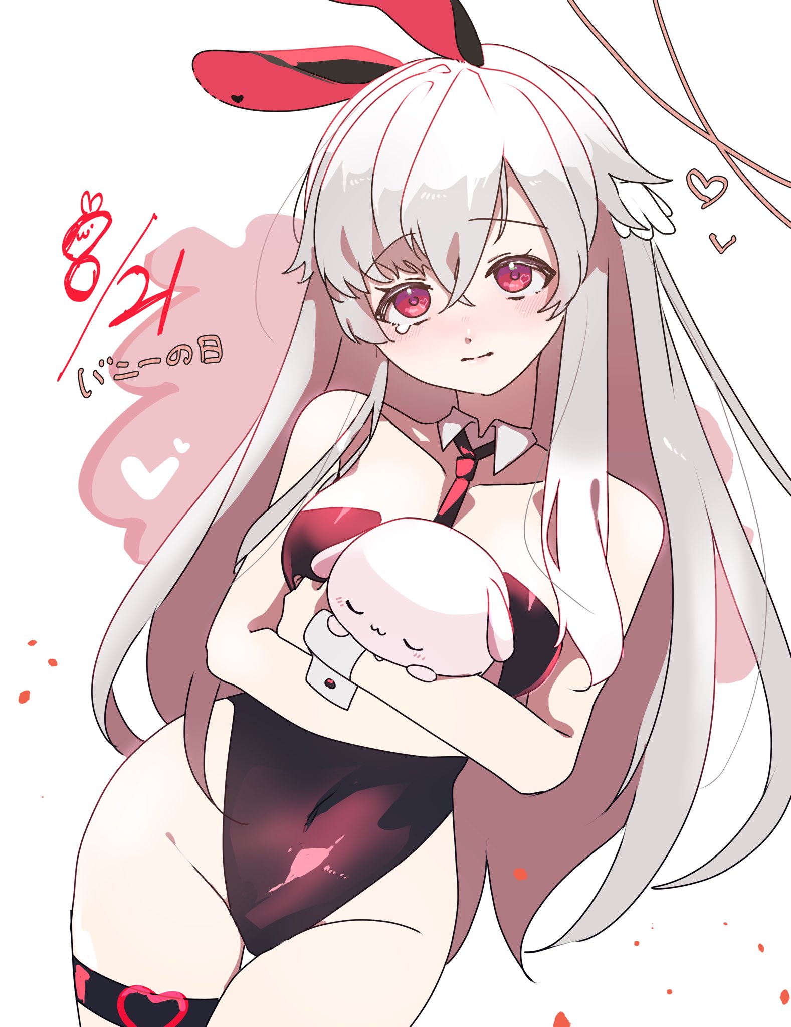 datenshi no fu, arch bishop (ragnarok online), ragnarok masters, ragnarok online, commentary request, highres, 1girl, alternate costume, animal ears, black leotard, blush, breasts, closed mouth, cowboy shot, detached collar, grey hair, heart, heart o-ring, highleg, highleg leotard, holding, large breasts, leotard, long hair, looking at viewer, necktie, o-ring, o-ring thigh strap, rabbit ears, red necktie, solo, thigh strap, white background