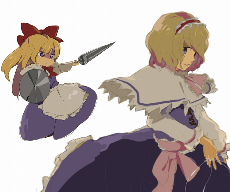 hizu, noise (hakusen), alice margatroid, shanghai doll, touhou, bad id, bad pixiv id, 1girl, blonde hair, female focus, lance, polearm, shield, short hair, solo, spear, weapon