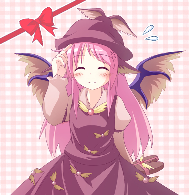 des (namaasi), mystia lorelei, touhou, 1girl, alternate hair length, alternate hairstyle, animal ears, blush, closed eyes, female focus, gift, hat, long hair, pink hair, ribbon, smile, solo, sweatdrop, valentine, wings