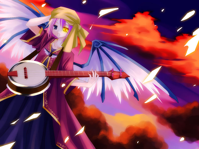 asahina, mystia lorelei, touhou, 1girl, female focus, glowing, glowing eye, glowing eyes, headscarf, instrument, outdoors, pink hair, short hair, sky, solo, wings, yellow headscarf