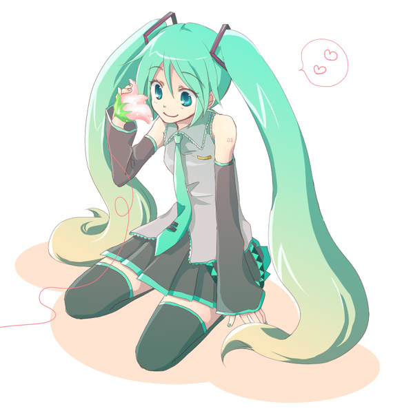 fuyu (pixiv44308), hatsune miku, vocaloid, bad id, bad pixiv id, detached sleeves, long hair, necktie, seiza, sitting, skirt, solo, thighhighs, twintails, very long hair