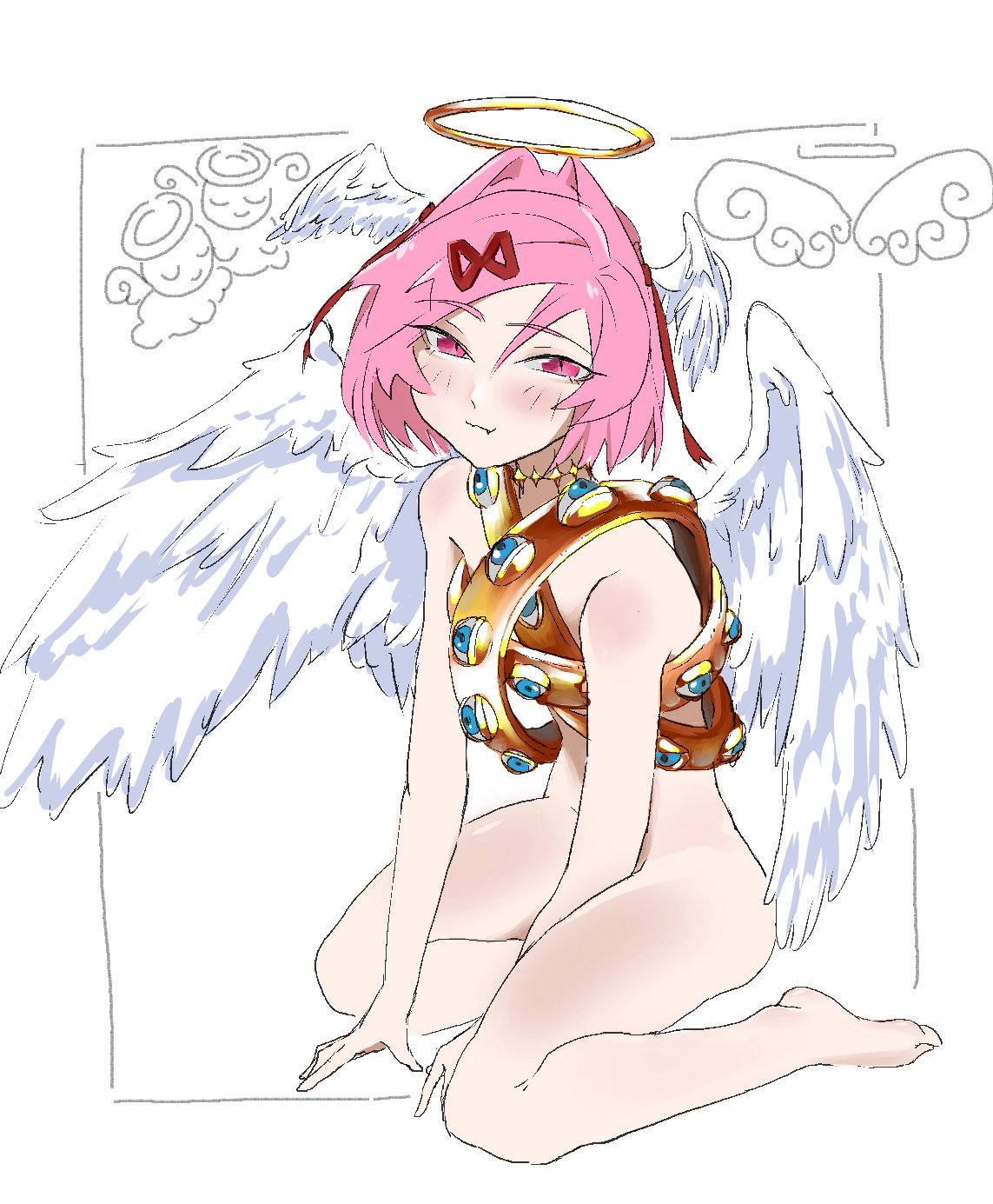 exspiravitbag, natsuki (doki doki literature club), doki doki literature club, commentary, english commentary, highres, 1girl, :3, angel, angel wings, barefoot, belt, between legs, biblically accurate angel, blue eyes, blush, bob cut, border, closed mouth, elbow blush, extra eyes, fang, feathered wings, full body, gold necklace, hair intakes, hair ribbon, halo, hand between legs, hands on ground, head wings, jewelry, light smile, multiple belts, multiple wings, narrowed eyes, naughty face, necklace, nude, on ground, outside border, pink eyes, pink hair, pink lips, red ribbon, ribbon, short hair, simple background, sitting, slit pupils, smile, solo, sparkle, swept bangs, two side up, white background, white wings, wings, yokozuwari
