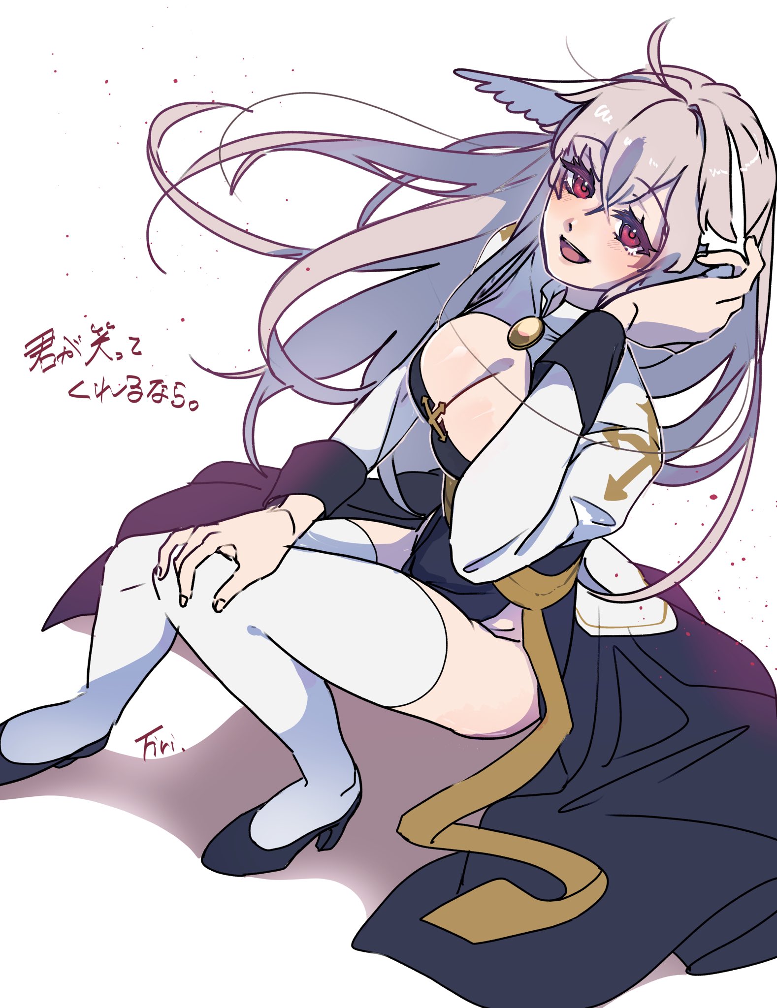 datenshi no fu, arch bishop (ragnarok online), ragnarok masters, ragnarok online, commentary request, highres, translation request, 1girl, ahoge, black dress, blush, breasts, cleavage, cleavage cutout, clothing cutout, cross, dress, feathered wings, full body, grey hair, hand in own hair, hand on own knee, head wings, juliet sleeves, large breasts, long hair, long sleeves, looking at viewer, open mouth, puffy sleeves, red eyes, sash, simple background, sitting, smile, solo, thighhighs, two-tone dress, white background, white dress, white thighhighs, wings, yellow sash