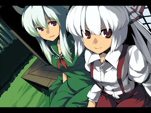 kitsune (kazenouta), kitsune (pixiv), ex-keine, fujiwara no mokou, kamishirasawa keine, touhou, bad id, bad pixiv id, 2girls, female focus, letterboxed, multiple girls, porch, sitting, veranda