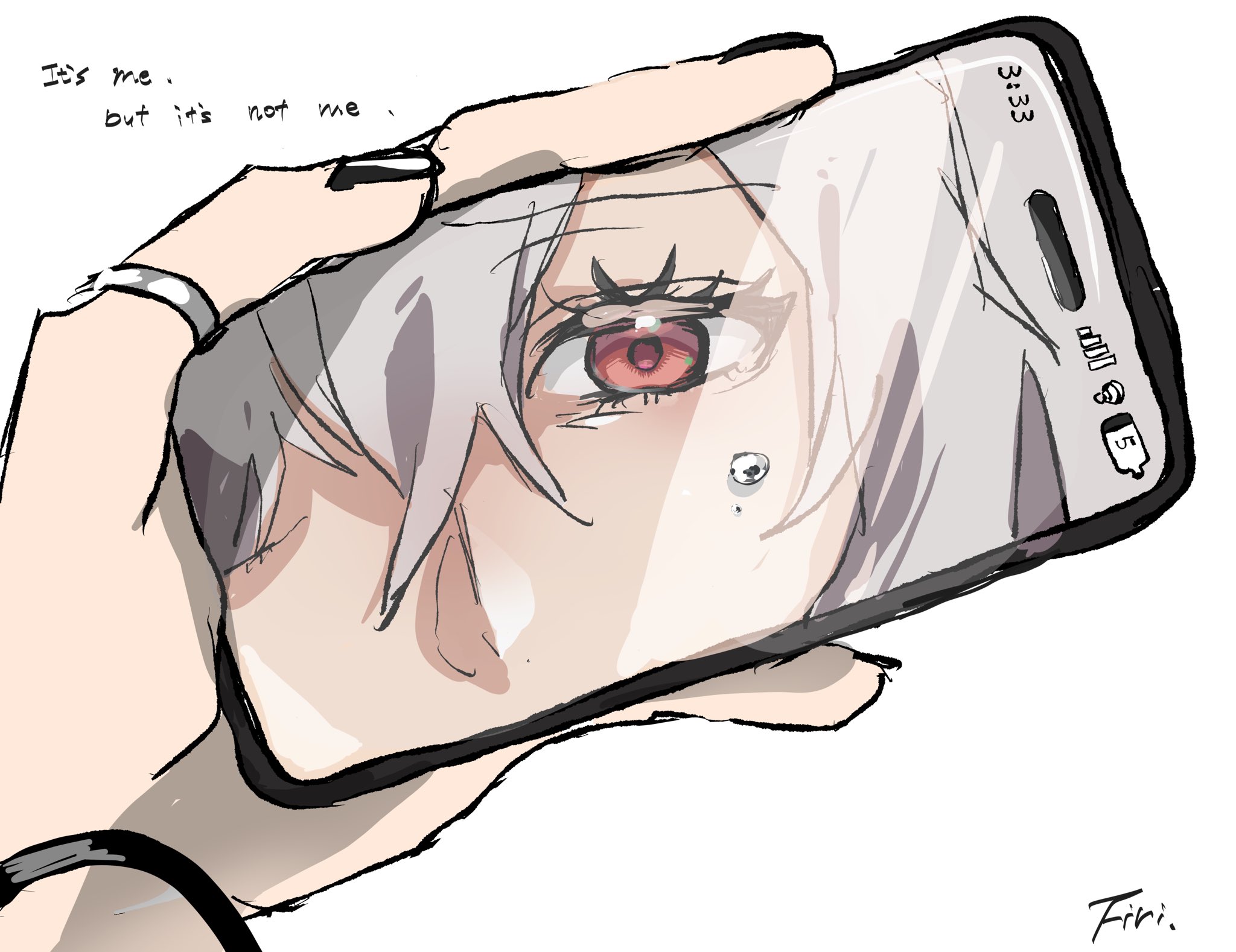 datenshi no fu, arch bishop (ragnarok online), ragnarok masters, ragnarok online, commentary, highres, symbol-only commentary, 1girl, black nails, cellphone, english text, female pov, fingernails, grey hair, hair between eyes, jewelry, long bangs, phone, pov, pov hands, red eyes, ring, selfie, simple background, smartphone, solo, white background