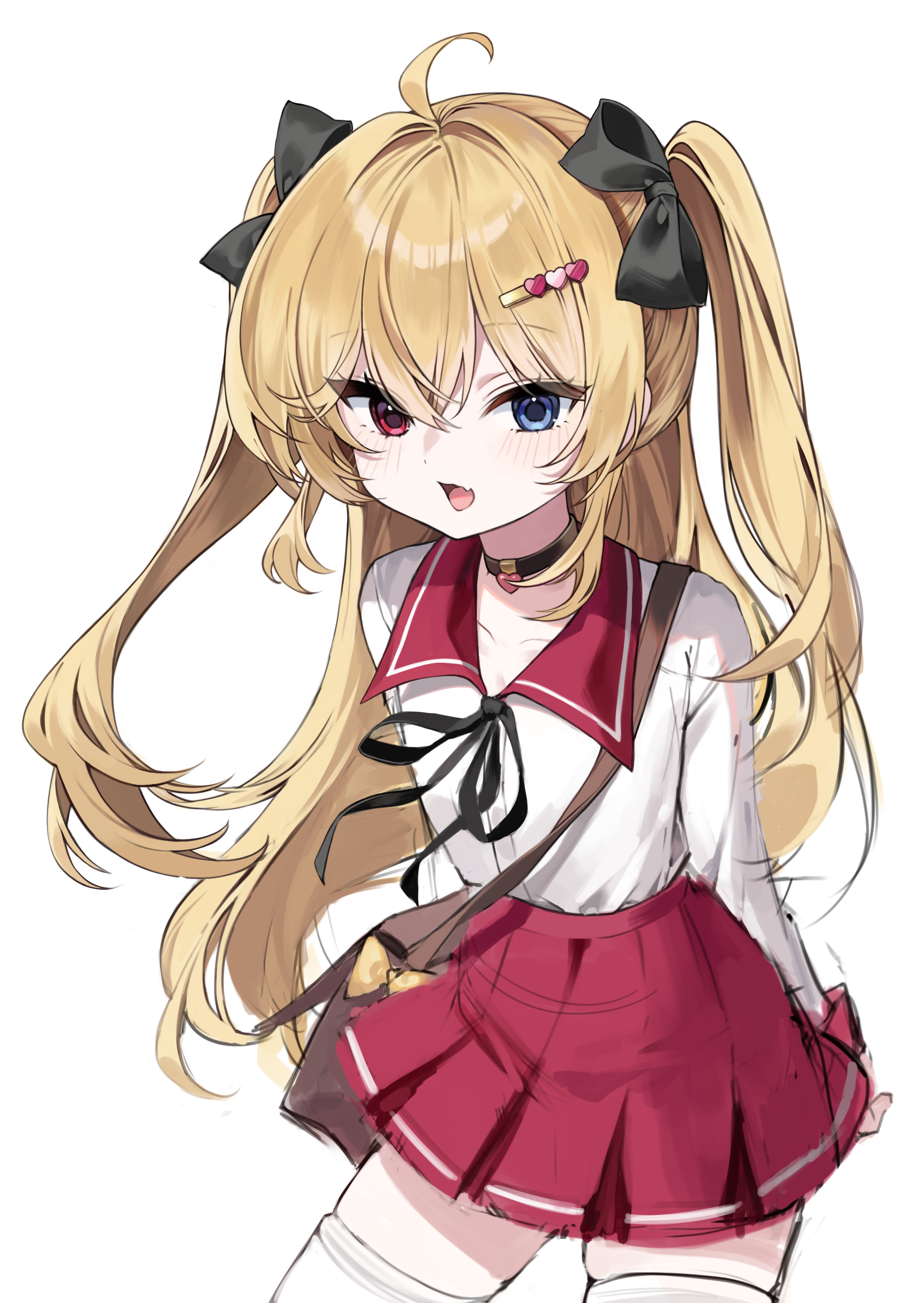 pudding (skymint 028), original, absurdres, commentary request, commission, highres, pixiv commission, 1girl, :d, ahoge, arms at sides, black bow, black choker, black ribbon, blonde hair, blue eyes, blush, bow, brown bag, choker, collarbone, cowboy shot, fang, hair bow, hair ornament, hairclip, heart, heart choker, heart hair ornament, heterochromia, long hair, long sleeves, looking at viewer, neck ribbon, open mouth, pleated skirt, red eyes, red sailor collar, red skirt, ribbon, sailor collar, shirt, shirt tucked in, skin fang, skirt, smile, solo, standing, thighhighs, two side up, very long hair, white background, white shirt, white thighhighs