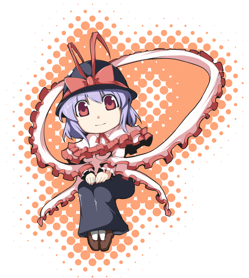 fujy, nagae iku, touhou, 1girl, blue hair, chibi, female focus, frills, full body, hat, red eyes, ribbon, scarf, shawl, sitting, solo, white background