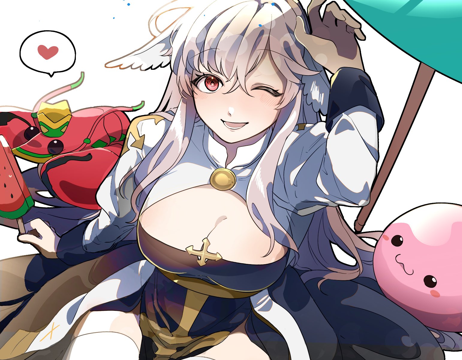 datenshi no fu, arch bishop (ragnarok online), poring, ragnarok masters, ragnarok online, commentary request, highres, 1girl, :3, blush, breasts, cleavage, cleavage cutout, clothing cutout, cowboy shot, cross, dress, feathered wings, food, grey hair, head wings, heart, juliet sleeves, king dramoh, large breasts, lobster, long hair, long sleeves, looking at viewer, one eye closed, open mouth, popsicle, puffy sleeves, red eyes, sash, simple background, slime (creature), smile, solo, spoken heart, thighhighs, two-tone dress, watermelon bar, white background, white dress, white thighhighs, white wings, wings, yellow sash