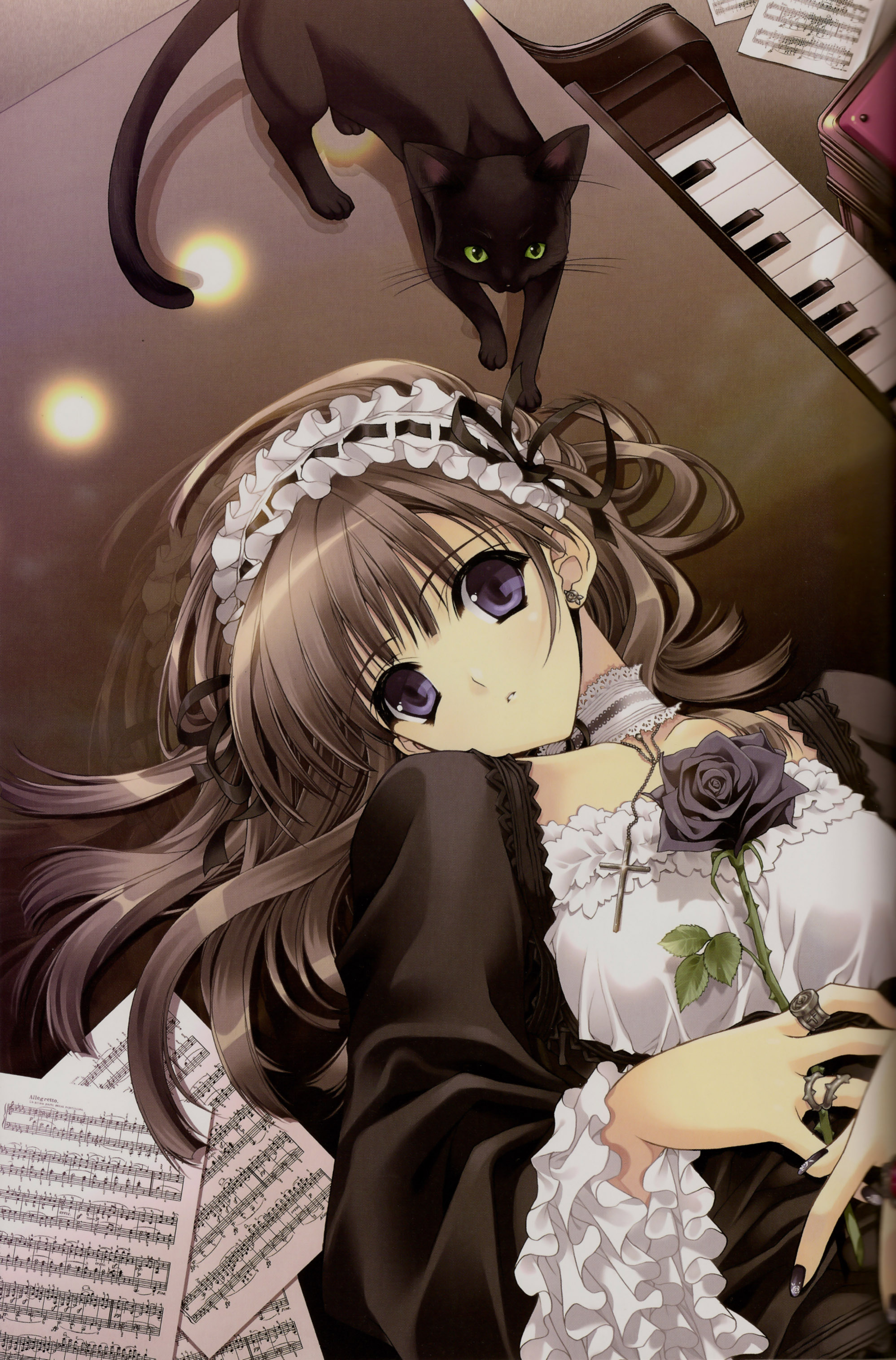 suzuhira hiro, absurdres, highres, 1girl, bass clef, beamed quavers, black nails, brown hair, cat, choker, crotchet rest, female focus, flat sign, flower, frills, gathers, gothic lolita, grand piano, hair spread out, headdress, instrument, jewelry, keyboard, lace, light particles, lolita fashion, long hair, musical note, nail art, nail polish, piano, ring, rose, sheet music, solo, treble clef