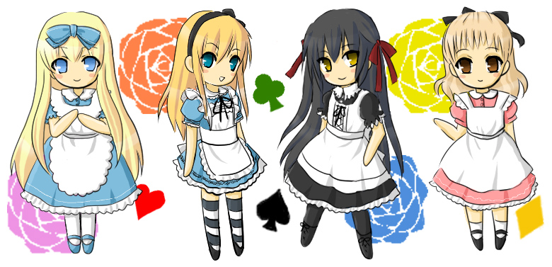 navi (artist), alice (alice in wonderland), alice's adventures in wonderland, striped legwear, apron, black hair, blonde hair, blue eyes, blush, bow, brown eyes, chibi, dress, dual persona, hair bow, hair ribbon, long hair, mary janes, ribbon, shoes, smile, socks, striped clothes, striped thighhighs, thighhighs, yellow eyes