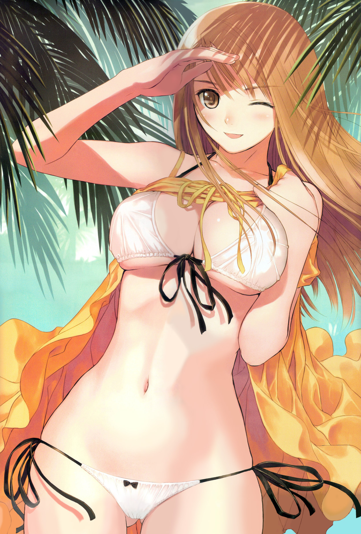 tony taka, original, highres, non-web source, 1girl, bikini, bikini under clothes, blonde hair, blush, breasts, brown eyes, brown hair, cleavage, clothes lift, day, dress, dress lift, female focus, front-tie top, large breasts, long hair, lowleg, lowleg bikini, nature, navel, one eye closed, outdoors, palm tree, ribbon, shading eyes, shirt lift, side-tie bikini bottom, smile, solo, swimsuit, swimsuit under clothes, tree, underboob, white bikini, wind, wink