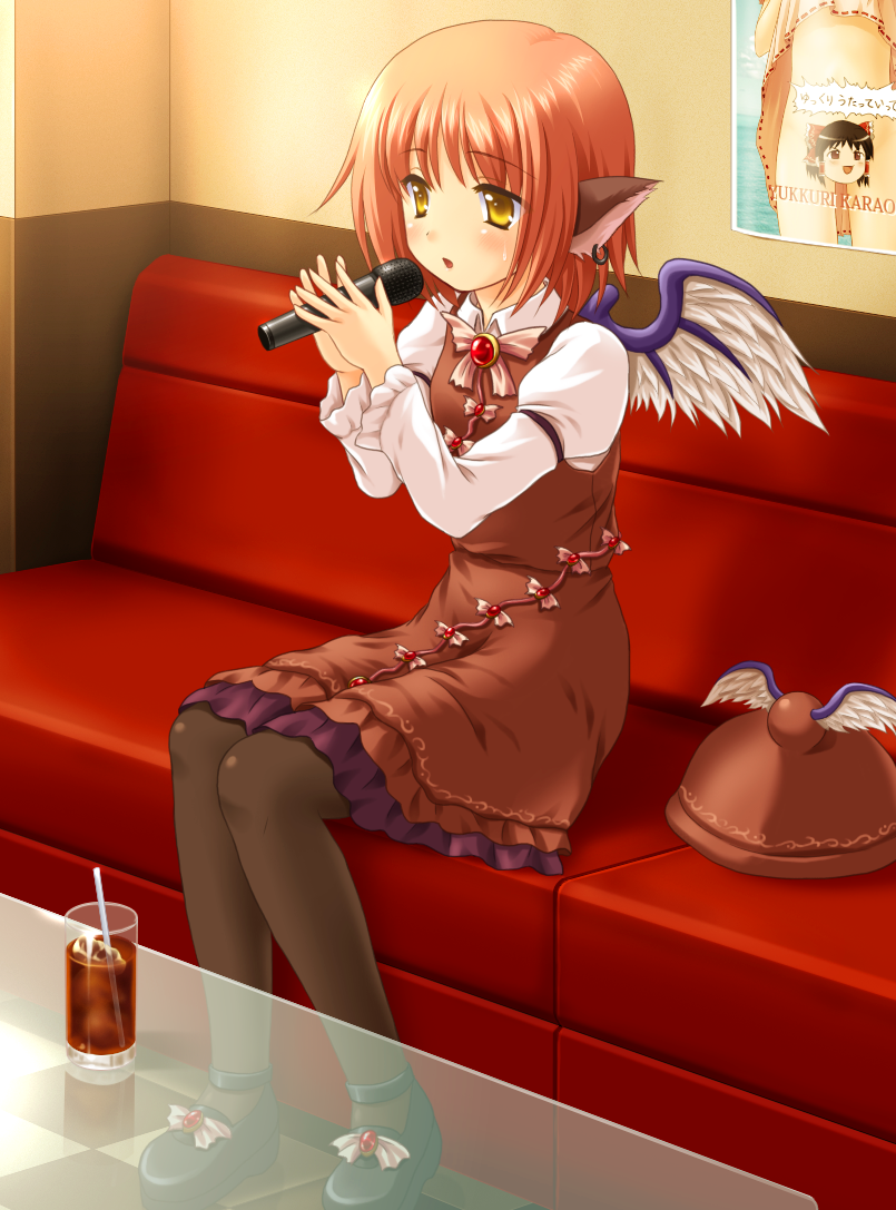 yamasan, hakurei reimu, inaba tewi, mystia lorelei, touhou, translated, 1girl, animal ears, artist self-reference, blush, censored, clothes lift, convenient censoring, dress, dress lift, drink, earrings, female focus, hat, jewelry, karaoke, microphone, no headwear, no panties, poster (medium), poster (object), red hair, short hair, sitting, solo, table, thighhighs, unworn hat, unworn headwear, wings, yellow eyes, yukkuri shiteitte ne