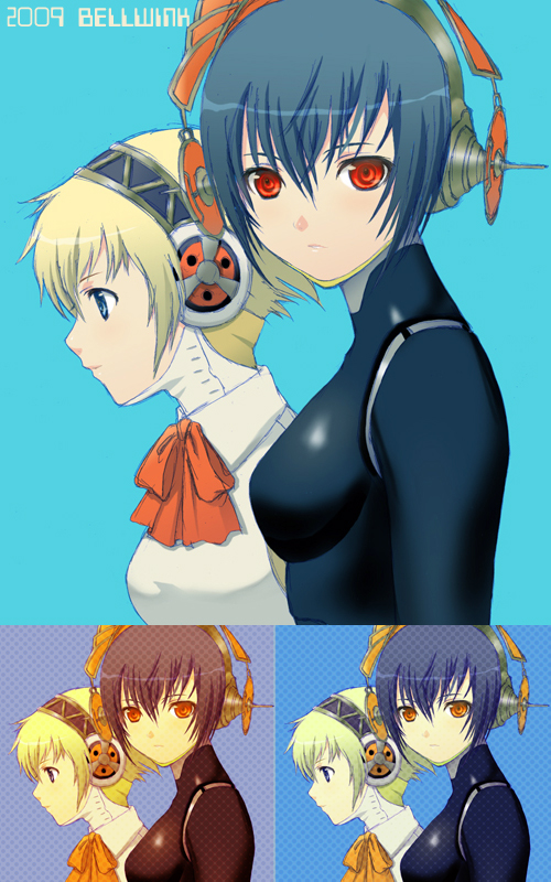 seiru (prairie), aigis (persona), metis (persona), atlus, persona, persona 3, persona 3 the answer, android, black hair, blonde hair, bow, red eyes, ribbon