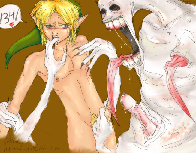 dead hand, link, nintendo, the legend of zelda, the legend of zelda: ocarina of time, finger in mouth, 1boy, handjob, hat, heart, long tongue, male focus, monster, monster on male, nude, one eye closed, penis, rape, restrained, tears, teeth, tongue, tongue out, uncensored, wink, yaoi