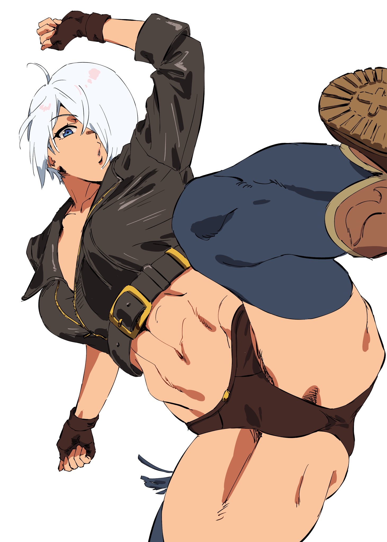 beniazumaru, angel (kof), snk, the king of fighters, the king of fighters xiv, highres, 1girl, abs, backless pants, blue eyes, boots, bra, breasts, chaps, cleavage, cowboy boots, crop top, cropped jacket, fingerless gloves, gloves, hair over one eye, jacket, large breasts, leather, leather jacket, looking at viewer, midriff, muscular, muscular male, navel, one eye covered, panties, pants, short hair, simple background, solo, strapless, strapless bra, toned, toned female, underwear, white hair