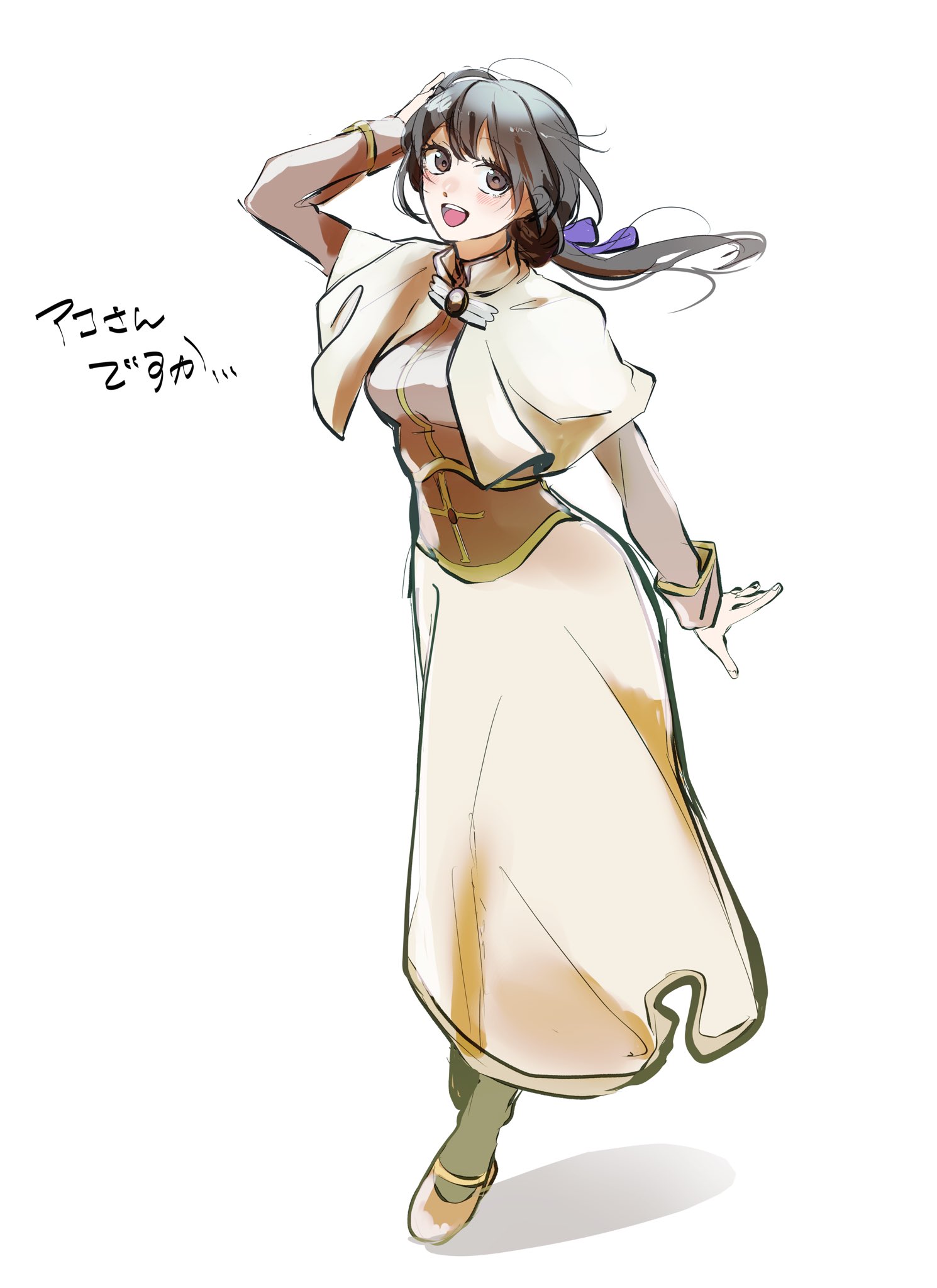 datenshi no fu, acolyte (ragnarok online), ragnarok masters, ragnarok online, highres, 1girl, black hair, black socks, blush, breasts, brown eyes, brown shirt, brown shoes, capelet, full body, hand on own head, long hair, long sleeves, looking at viewer, low ponytail, medium breasts, open mouth, ponytail, shirt, shoes, simple background, skirt, smile, socks, solo, standing, white background, white capelet, white skirt