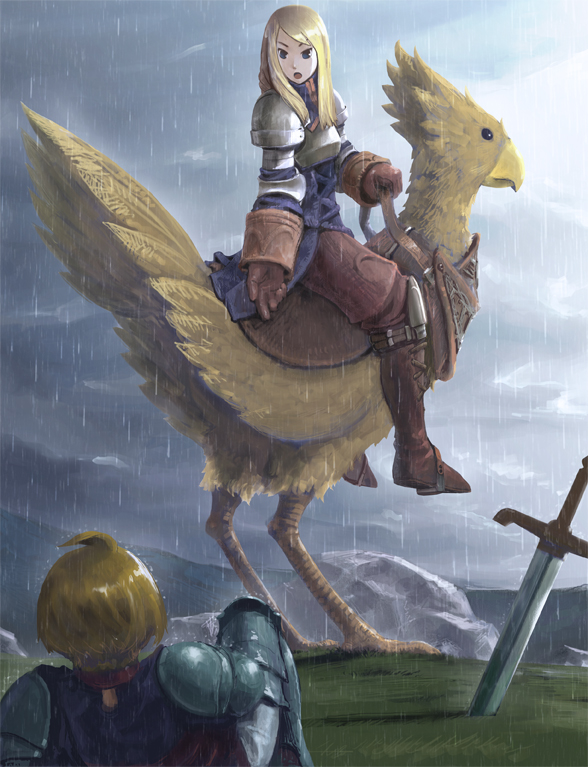 roten, agrias oaks, chocobo, ramza beoulve, final fantasy, final fantasy tactics, 1boy, 1girl, ahoge, armor, blonde hair, blue eyes, cloud, gloves, open mouth, rain, riding, saddle, short hair, sitting, sky, sword, weapon