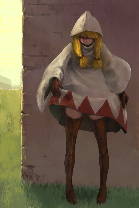 roten, white mage (fft), white mage (final fantasy), final fantasy, final fantasy tactics, wall, white mage, 1girl, blonde hair, boots, clothes lift, dress, dress lift, female focus, full body, gloves, hood, nature, outdoors, red eyes, robe, solo, thigh boots, thighhighs, twintails, zettai ryouiki