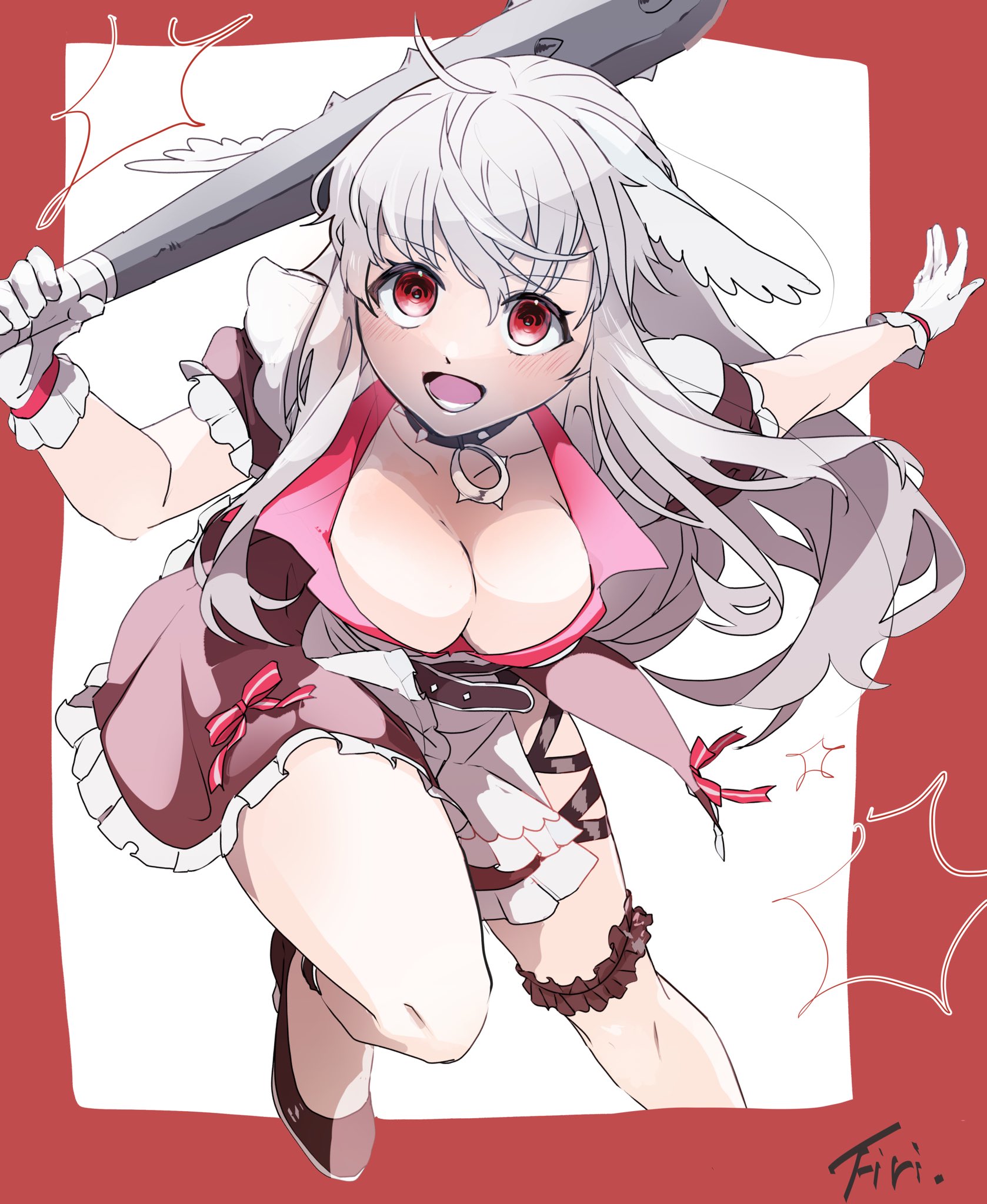 datenshi no fu, arch bishop (ragnarok online), ragnarok masters, ragnarok online, commentary request, highres, 1girl, adapted costume, black shoes, blush, border, breasts, brown dress, cleavage, club, club (weapon), collar, dress, feathered wings, foot out of frame, frilled dress, frilled thigh strap, frills, gloves, grey hair, head wings, holding, holding club, holding weapon, large breasts, leaning forward, long hair, looking at viewer, open mouth, outside border, puffy short sleeves, puffy sleeves, red border, red eyes, shoes, short sleeves, simple background, solo, spiked club, spiked collar, spikes, thigh strap, weapon, white background, white gloves, white wings, wings