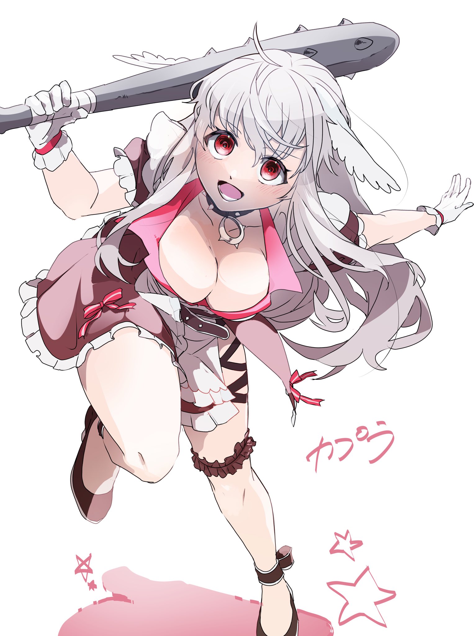 datenshi no fu, arch bishop (ragnarok online), ragnarok masters, ragnarok online, commentary request, highres, 1girl, adapted costume, black shoes, blush, breasts, brown dress, cleavage, club, club (weapon), collar, dress, feathered wings, frilled dress, frilled thigh strap, frills, full body, gloves, grey hair, head wings, holding, holding club, holding weapon, large breasts, leaning forward, long hair, looking at viewer, open mouth, puffy short sleeves, puffy sleeves, red eyes, shoes, short sleeves, simple background, solo, spiked club, spiked collar, spikes, thigh strap, weapon, white background, white gloves, white wings, wings