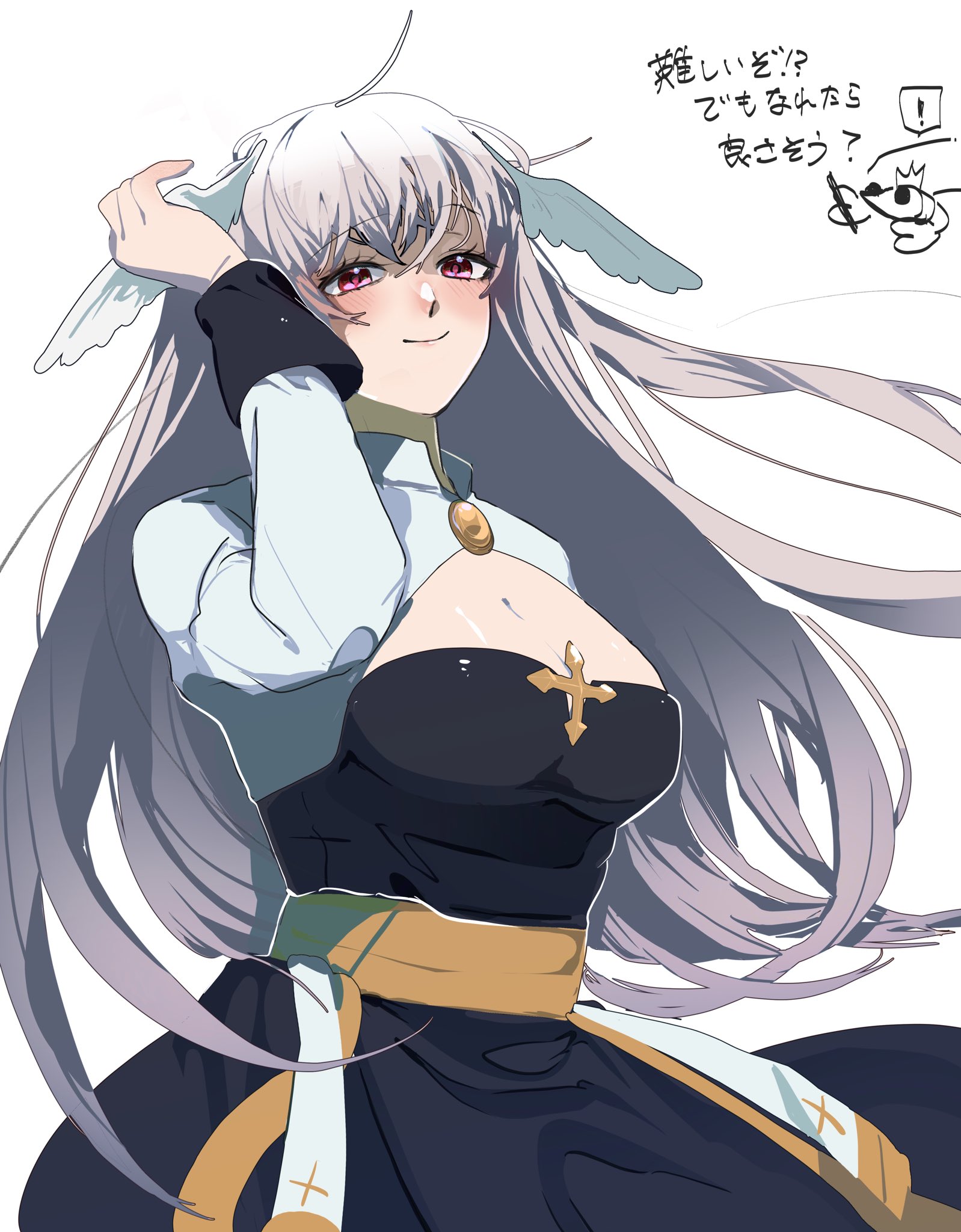 datenshi no fu, arch bishop (ragnarok online), ragnarok masters, ragnarok online, commentary request, highres, translation request, 1girl, ahoge, black dress, blush, breasts, cleavage, cleavage cutout, closed mouth, clothing cutout, cowboy shot, cross, dress, feathered wings, grey hair, hand up, head wings, large breasts, long hair, long sleeves, looking at viewer, pink eyes, sash, simple background, smile, solo, two-tone dress, very long hair, white background, white dress, white wings, wings, yellow sash