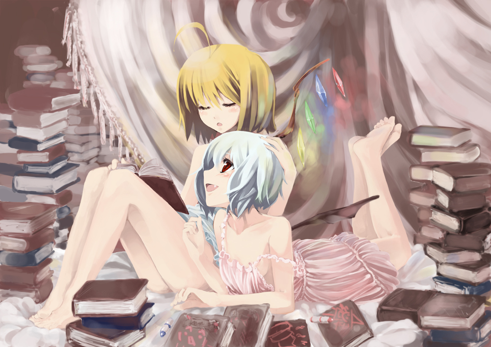 pino (birthdayparty), pino (pixiv), flandre scarlet, remilia scarlet, touhou, 2girls, barefoot, blonde hair, blue hair, blush, book, fang, feet, female focus, lingerie, multiple girls, negligee, siblings, sisters, underwear, wings