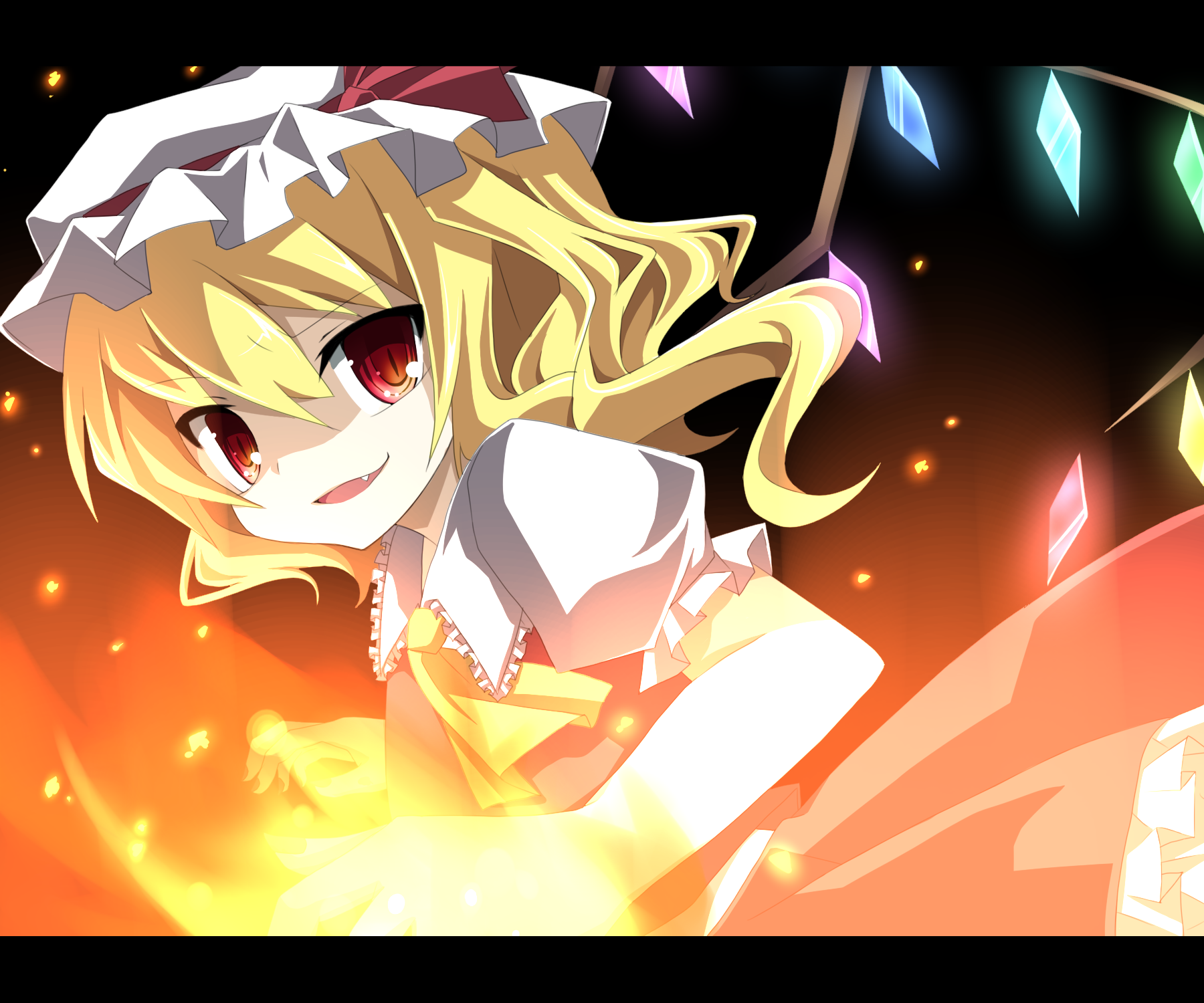 chiruku, flandre scarlet, touhou, bad id, bad pixiv id, highres, 1girl, blonde hair, fang, female focus, grin, hat, letterboxed, red eyes, slit pupils, smile, solo