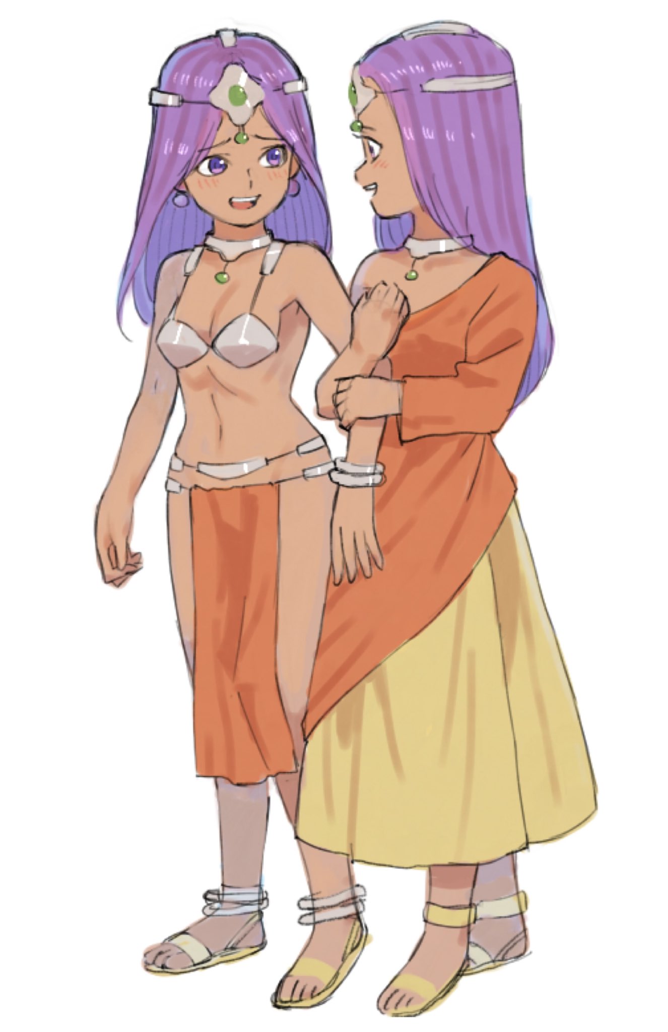 gan2, manya (dq4), minea (dq4), dragon quest, dragon quest iv, highres, 2girls, alternate eye color, anklet, arm hug, asymmetrical dress, breasts, circlet, cleavage, dark-skinned female, dark skin, dress, earrings, forehead jewel, full body, furrowed brow, gem, green gemstone, jewelry, light blush, loincloth, long dress, long hair, long sleeves, looking at another, looking to the side, metal bikini, metal bra, multiple anklets, multiple girls, navel, neck ring, open mouth, orange dress, orange loincloth, pelvic curtain, profile, purple eyes, purple hair, sandals, siblings, silver circlet, single bare shoulder, single sleeve, sisters, smile, sphere earrings, standing, teeth, upper teeth only