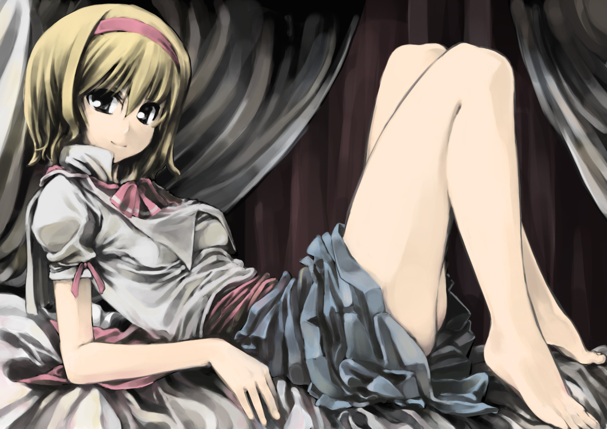 pino (birthdayparty), pino (pixiv), alice margatroid, touhou, 1girl, ass, barefoot, blonde hair, curtains, feet, female focus, indoors, knees, legs, looking at viewer, lying, on back, solo, thighs