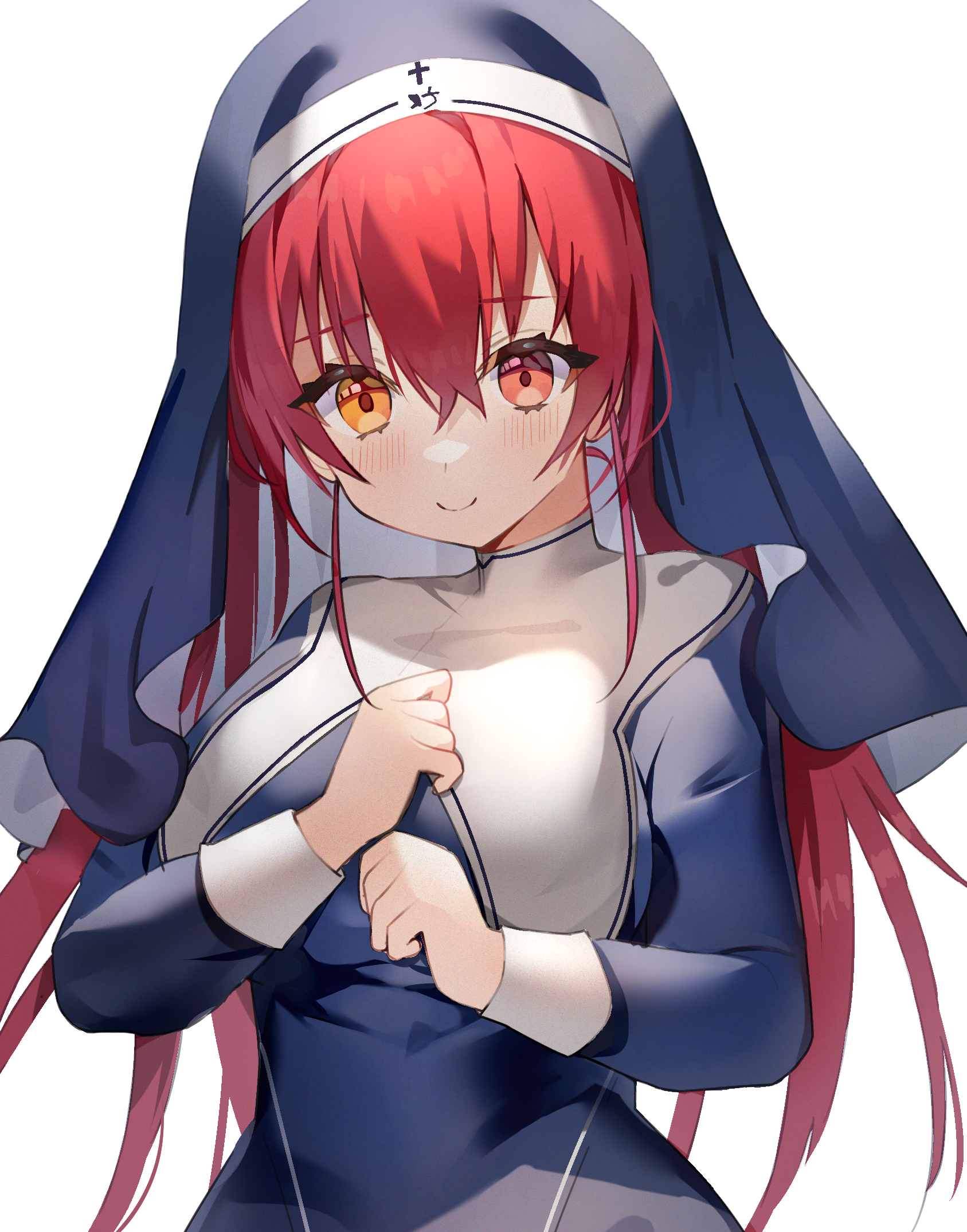 aa44, houshou marine, houshou marine (nun), hololive, highres, 1girl, alternate costume, blue dress, blue hat, blush, closed mouth, dress, hat, heterochromia, long hair, looking at viewer, nun, official alternate hair length, official alternate hairstyle, red eyes, red hair, smile, solo, virtual youtuber, yellow eyes